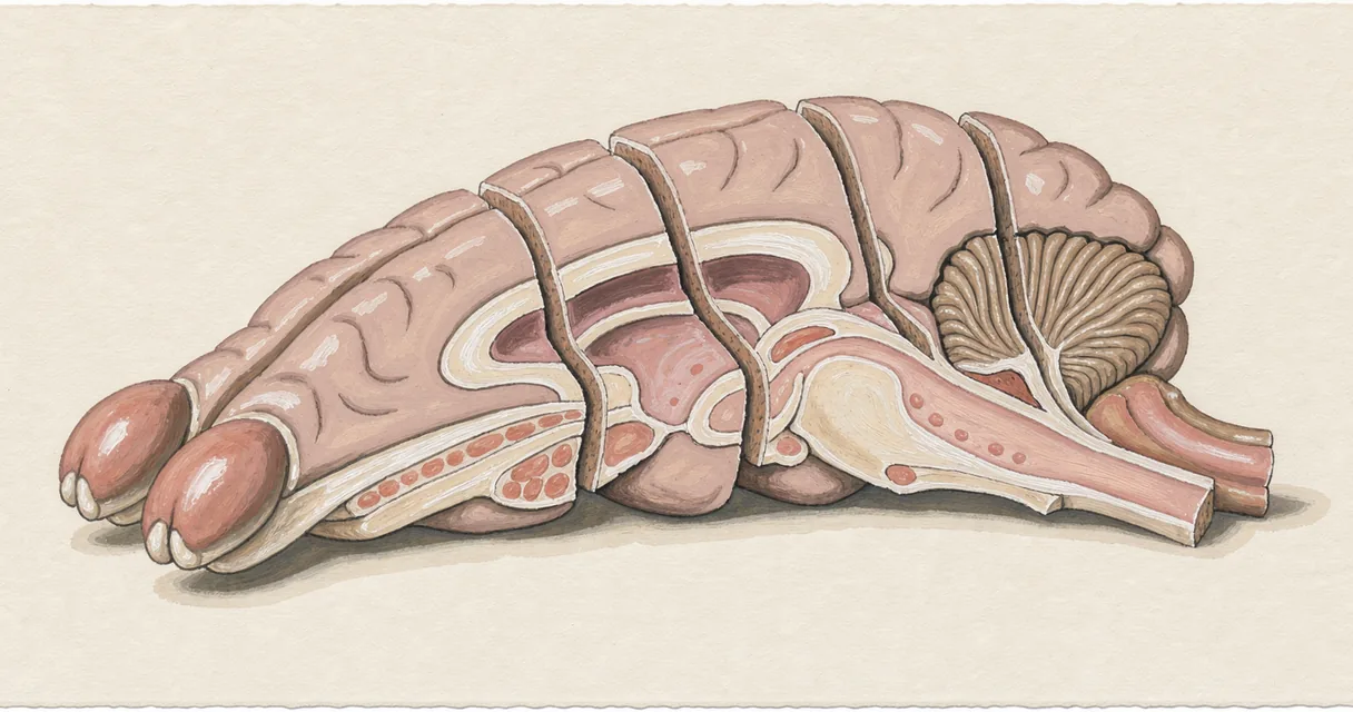 Gouache illustration of a rat brain model opened into separate anatomical sections